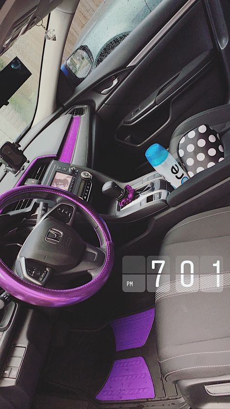 Wrapped Car Interior, Honda Civic Purple Interior, Purple Car Interior Accessories, Purple Car Aesthetic Inside, Purple Car Decorations, Inside Car Decorations Purple, Purple Car Mods, Interior Car Wrap, Purple Car Interior Ideas