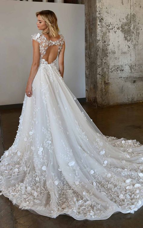 Handcrafted A-Line Wedding Dress with Cap Sleeves - Martina Liana Illusion Tulle Wedding Dress, A Line Wedding Dress 3d Flowers, Cap Sleeve A Line Wedding Dress, Capped Sleeve Wedding Dress, Wedding Dress Trends 2023, December Wedding Dress, Trend Wedding Dress, 3d Flower Wedding Dress, Elf Wedding Dress