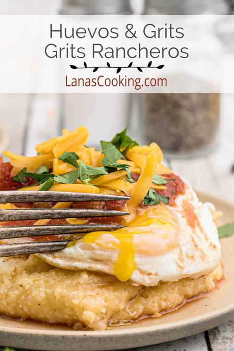 Huevos and Grits - Grits Rancheros Grits Recipe Breakfast, Grits And Eggs, Grits Breakfast, Quick Grits, Morning Recipes Breakfast, Breakfast Sandwich Recipes, Grits Recipe, Cheese Grits, Egg Recipes For Breakfast