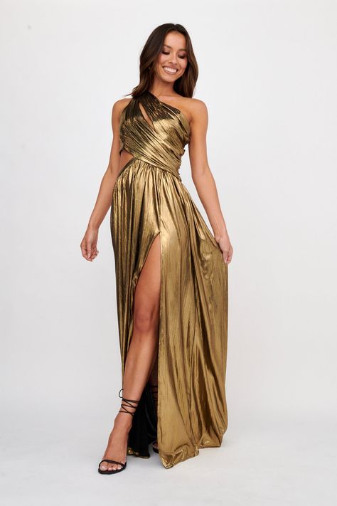 Fortuna One Shoulder Split Maxi Dress Black/Gold Gold Maxi Dress, Gala Event, Pleated Gown, Tie Up Heels, Gala Events, Maxi Dress Black, Split Maxi Dress, Gold Fabric, Iron Material