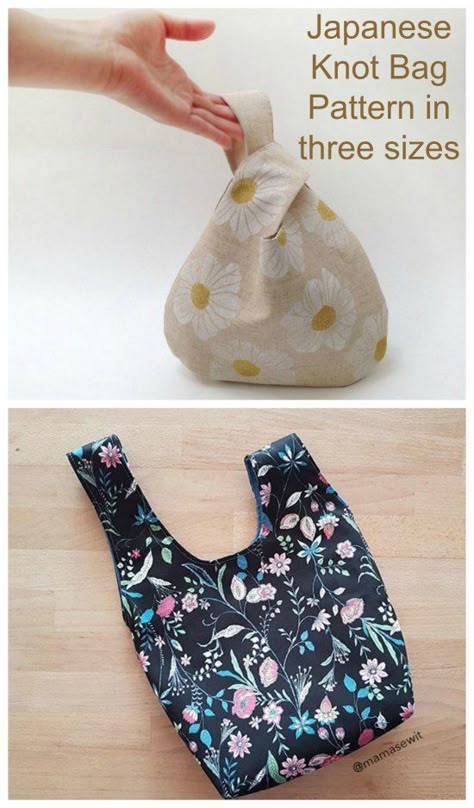 Sewing pattern for a Japanese Knot Bag. This simple to sew bag is the ideal bag sewing pattern for beginners. The longer loop pulls through the shorter one to close the bag and create a handle to carry it. Great project bag to sew. Easy bag sewing pattern. Quick bag to sew. Knot bag sewing pattern. #JapaneseKnotBagPattern #SewABag #BagSewingPattern #QuickSewingPattern #SimpleSewingPattern #EasySewingPattern Japanese Knot Bag Pattern, Knot Bag Pattern, Purse Patterns Free, Knitting Bag Pattern, Japanese Knot, Japanese Sewing Patterns, Japanese Knot Bag, Bag Sewing Pattern, Knot Bag