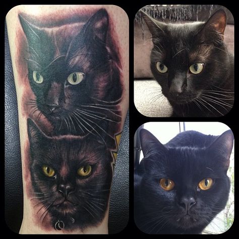 Black Cats photo realistic Cat Face Tattoos, Black Cat Tattoo, Cat Portrait Tattoos, Portrait Realistic, Cats Face, Black Cat Tattoos, Cat Tat, Theme Tattoo, Cat Tattoos