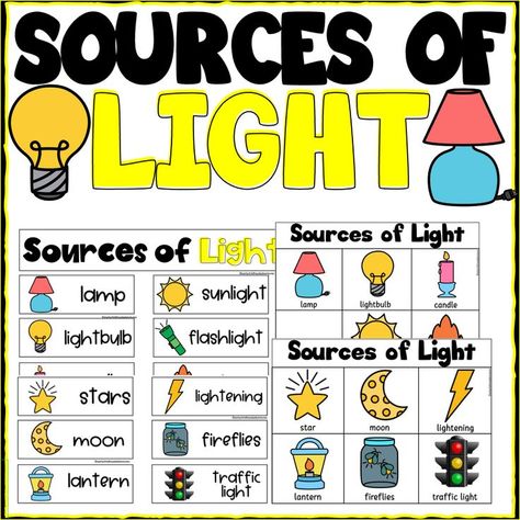 Sources of Light for 3K, Pre-K, Preschool and Kindergarten Sources Of Light, Shadow Activities, Natural Sources Of Light, Light Science, Kindergarten Colors, Light Unit, Preschool Planning, Light Activities, Creative Curriculum