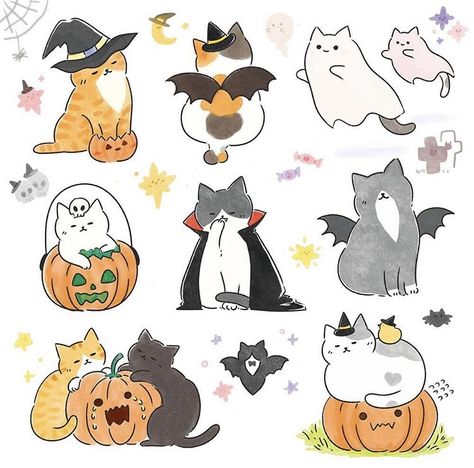 Cat Doodle, A Cute Cat, 강아지 그림, Halloween Cute, Cute Doodle Art, Cute Easy Drawings, Cute Little Drawings, Kawaii Wallpaper, Halloween Stickers