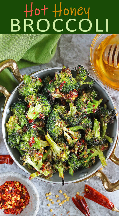 In this easy Hot Honey Broccoli recipe, broccoli florets are baked until crispy and then drizzled with chili, ginger, and garlic-infused honey. This is a quick recipe that is a healthy side dish for everyday meals and holiday gatherings. Honey Broccoli, Hot Honey Recipe, Christmas Dinner Desserts, Recipe Broccoli, Meatball Appetizer Recipe, Garlic Broccoli, Infused Honey, Make Ahead Appetizers, Healthy Side Dish