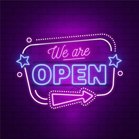 Neon we are open sign | Free Vector #Freepik #freevector #neon #sign #symbol #mark Open For Business Sign, We're Open Sign, Online Store Logo, We Are Open Sign, We Are Open For Business, Open Logo, Logo Online Shop, Neon Open Sign, Tea Logo