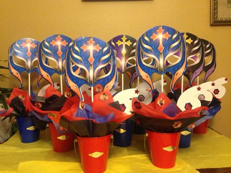 WWE wrestling centerpiece Wwe Centerpieces Ideas, Lucha Libre Birthday Party, Lucha Libre Party, Wrestling Birthday Parties, Wrestling Birthday, Wrestling Party, Wwe Birthday Party, Wwe Party, Wwe Birthday