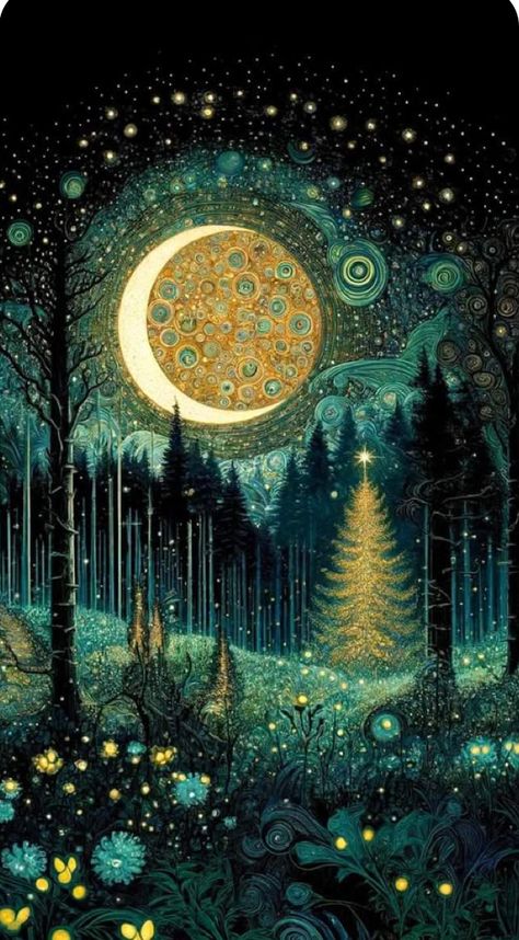 Moon In The Sky, Whimsical Art Paintings, Postal Vintage, Christmas Illustrations, Witchy Wallpaper, Dreamy Art, Christmas Illustration, Moon Art, Cute Wallpaper Backgrounds