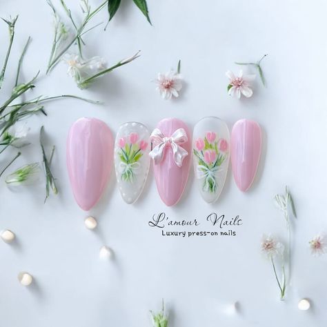 Gorgeous press-on nails with hand-painted tulips. Get 20% OFF on Etsy, shop now :https://lamournailsuk.etsy.com #pressonnails #weddingnails #pressonnailsuk #handpainted #applypressonnails #beauty #nails #nailsartvideos #nailsart #nailtech #naildesigns #nailinspo Tulip Flower Nails, Tulips Nails, Tulip Nail Art, Tulip Nails, Nail Store, Acrylic Press On Nails, Nail Art Inspiration, Tulips Flowers, Hand Painting