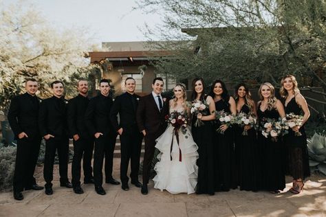 Groom Suit No Jacket, Black And White Bridal Party Attire, All Black Bridal Party Attire, Gold Reception, Bridesmaid Outfits, Wedding Groomsmen Attire, Black And White Wedding Theme, Botanical Garden Wedding, Welding Technology