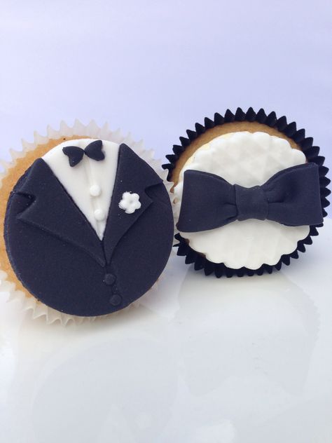 Suit and tie groom engagement/wedding themed cupcakes Bowtie Cookies Decorated, Bow Tie Cupcake Cake, Tuxedo Accessories For Black-tie Events, Including Bow Tie, Tuxedo Bow Tie For Black-tie Events, Fondant Bow Tie, Cupcakes For Boys, Party Cupcakes, Wedding Themed, Groom Ties