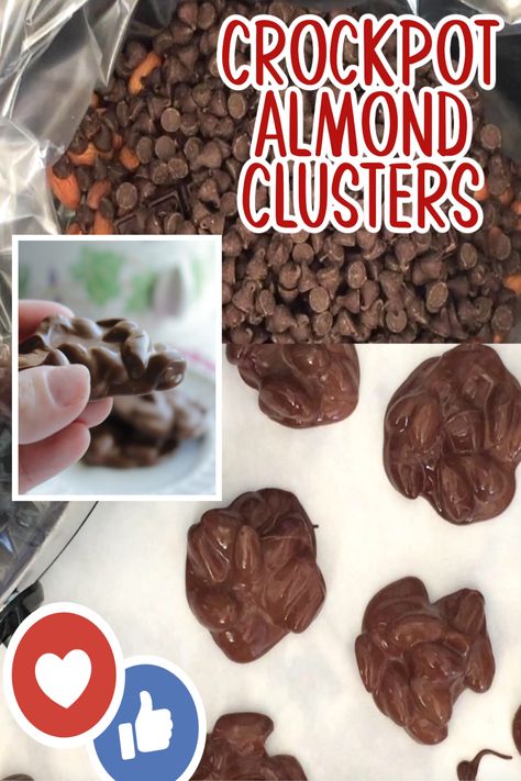 Chocolate covered almond clusters Chocolate Almond Bark Recipes, Crock Pot Almonds, Chocolate Almond Clusters, Almond Bark Recipes, Chocolate Nuts Clusters, Almond Clusters, Easy Christmas Cookies, Holiday Candy Recipes, Bark Recipes