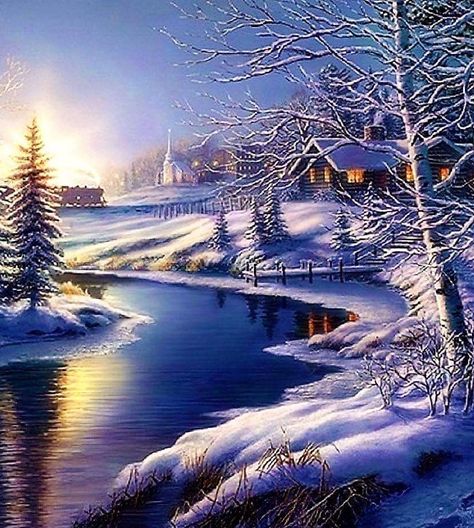 Winter Scene Paintings, Farm Paintings, Dream Pictures, Winter Szenen, Winter Painting, Farm Scene, Thomas Kinkade, Winter Scenery, Night Painting