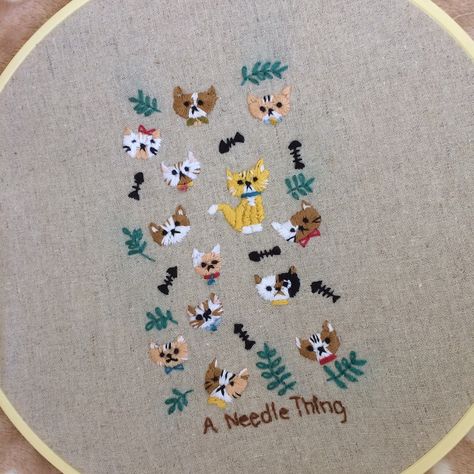 My hand embroidery.  First time with cat pattern. I’ve learn a lot from it , super fun :) Tiny Cat Embroidery, Tiny Animal Embroidery, Small Cat Embroidery, Tiny Embroidery Ideas, Micro Embroidery, Hand Embroidered Jewelry, Small Embroidery, Miniature Embroidery, Cat Embroidery