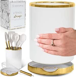 White Utensil Holder with Built-In Ceramic Spoon Rest - 2 PC Luxe White & Gold Utensil Holder for Countertop Includes Large Utensil Holder & White and Gold Spoon Rest - Utensils Not Included White And Gold Cutlery, White Cutlery, Gold Kitchen Utensils, White And Gold Kitchen, Ceramic Kitchen Utensil Holder, Unique Utensils, Spoon Holders, Gold Utensils, Spatula Holder