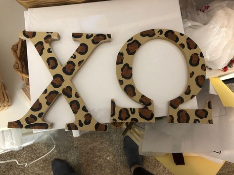 Painted Cheetah Print, Alpha Chi Omega Painting, Sorority Letters Painted Wooden, Cheetah Print Painting, Chi Omega Paintings, Wooden Sorority Letters, Painted Sorority Letters, Greek Letters Painted, Zta Letters