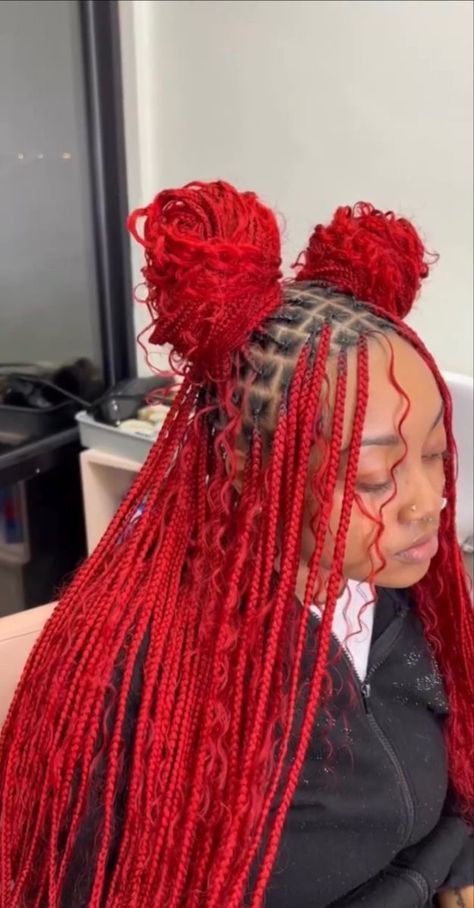 Long Red Boho Knotless Braids, Red Braids On Black Hair, Red Twist Braids Hairstyles, Long Red Knotless Braids, Red Braids With Curls, Red Boho Knotless Braids, Red Knotless Box Braids, Red Braids For Black Women, Red Boho Braids