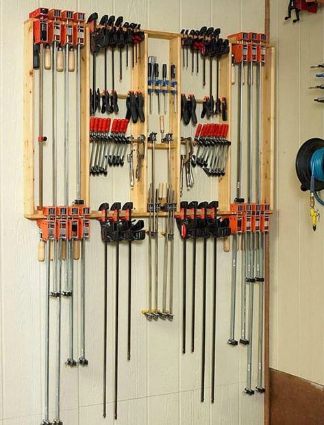 Maximizes storage space in your small workshop with this Super Simple Clamp Rack Clamp Storage, Woodworking Shop Plans, Woodworking Tools Workshop, Woodworking Clamps, Wood Magazine, Tool Rack, Shop Layout, Shop Storage, Woodworking Workshop