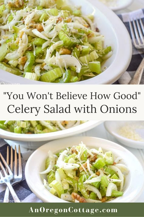 You won't believe how good this simple celery salad recipe is - yes, celery! With just a handful of healthy ingredients including onions, parmesan, and heart healthy walnuts all tossed with a quick vinegar based dressing, this is a wonderful salad that keeps well. It's as good for summer picnics as it is for winter dinners. Mediterranean Salads, Winter Dinners, Celery Recipes, Celery Salad, Summer Picnics, Best Salad Recipes, 140 Pounds, Healthy Ingredients, Salad Side Dishes