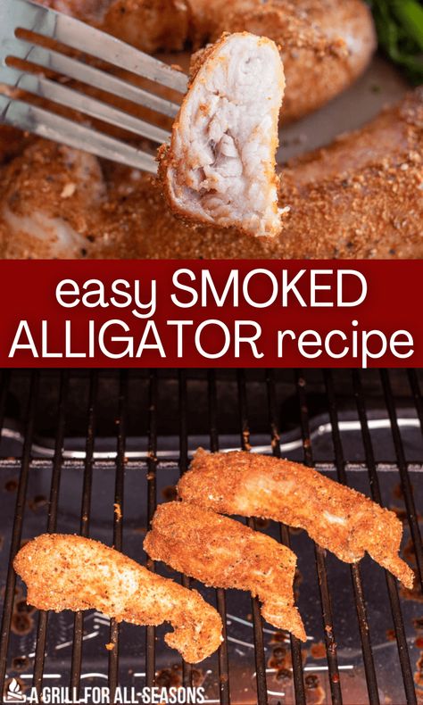 Spoil your taste buds with this deliciously simple Smoked Alligator recipe. After a short milk bath, a quick dry rub, and less than an hour on the smoker, you have got a meal of flavor perfection. Gator Recipes Fried, Smoked Gator Recipe, Alligator Sausage Recipes, Alligator Tail Recipes, How To Cook Alligator Meat, Grilled Alligator Recipes, Gator Tail Recipes, Alligator Meat Recipes, Gator Meat Recipes