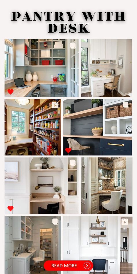 Combine style and functionality with a pantry desk combo. Learn how to design a space that caters to your storage and work needs Pantry And Desk Combo, Pantry And Office Combo, Desk In Kitchen Ideas, Office Pantry Ideas, Kitchen Desk Area Repurpose, Pantry With Desk, Creating A Pantry, Kitchen Desk Area, Kitchen Work Area