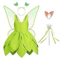 Girls Tinkerbell Costume, Girls Fairy Dress, Girls Green Dress, Tinkerbell Cosplay, Fairy Costume For Girl, Wings Accessories, Dress With Wings, Princess Dresses For Girls, Fairy Clothing