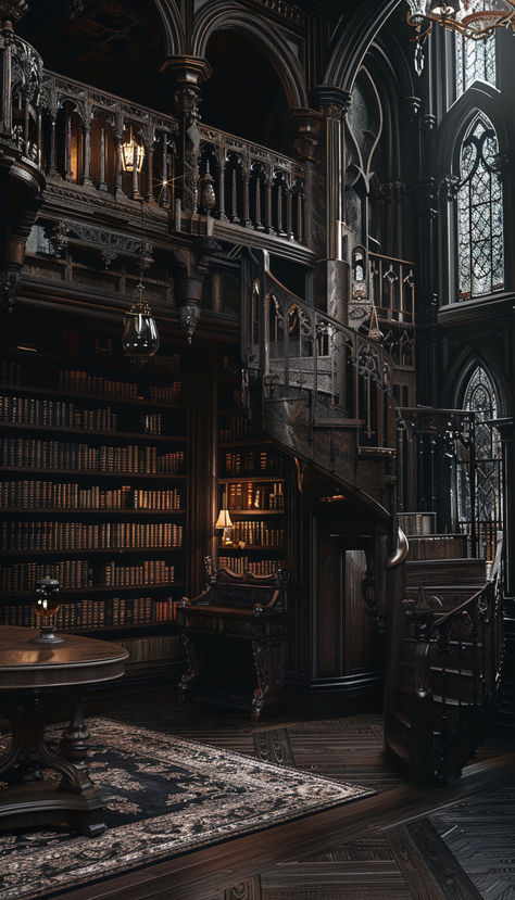 Insporation for our romantic dark academia feel library Nyc Apartment Dark Academia, Malfoy Manor Library, Dark Academia Aesthetic Gothic, Dark Aesthetic Library Room, Librarycore Aesthetic, Dark Wood Library Room, Walk In Library, Dark Cottagecore Library, Dark Academia Mansion Interior