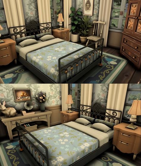 Sims 4 Rustic Bedroom, Cottagecore Bedroom Sims 4, Sims Farmhouse Interior, Cottage Bedroom Bloxburg, Cottage Core Bloxburg Bedroom, Cottagecore Bloxburg House Interior, Sims 4 Cottage Core Bedroom, Bloxburg Cottage Bedroom, Bloxburg Bedroom Ideas Vintage