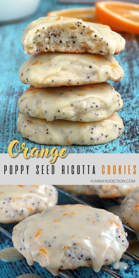 Orange Poppy Seed Ricotta Cookies Poppy Seed Cookies, Seed Cookies, Chocolate Peanut Butter Desserts, Ricotta Cookies, Peanut Butter Desserts, Easy No Bake Desserts, No Bake Bars, Baked Banana, Orange Poppy