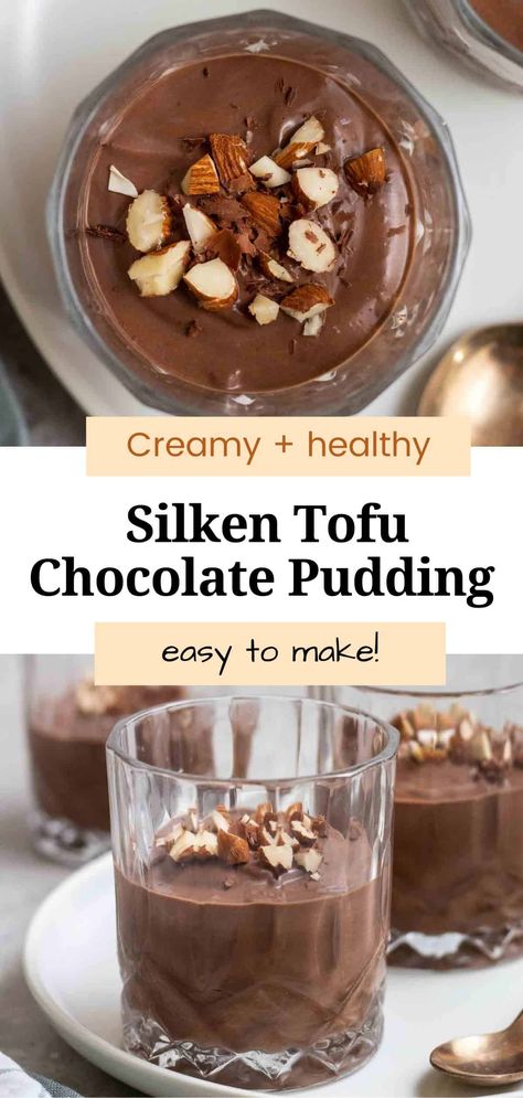 Creamy, rich, and decadent, this tofu chocolate pudding makes a superb sweet treat! All you need are 5 simple ingredients and 5 minutes to make it. Healthy Chocolate Pudding, Vegan Chocolate Pudding, Chocolate Pudding Recipe, Tofu Pudding, Tofu Breakfast, Clean Dessert, Chocolate Pudding Recipes, Vegan Baking Recipes, Plant Based Desserts