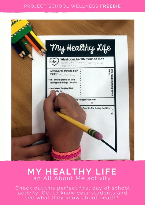 Health Freebie! If you're a middle school health teacher, head over to Project School Wellness for this free health lesson plan. This All About Me activity is the perfect first day of school activity for any health or PE class! Health or PE teachers get this free lesson plan from Janelle at Project School Wellness! Pe Classroom, All About Me Activity, All About Me Project, Middle School Health, School Wellness, Health Lesson Plans, Project School, Health Teacher, High School Lesson Plans