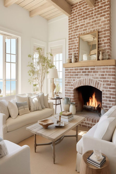 Inviting beach cottage living room with a classic red brick fireplace, cozy white furnishings, and ocean views through the window. Brick Fireplace In Vaulted Living Room, Back Wall Living Room Ideas, Fireplace Ideas Traditional, French Cottage Fireplace, Living Room Ideas Cottage, Coastal Fireplace Ideas, Cottage Living Room Ideas, Brick Fireplace Decor, White Wash Brick Fireplace