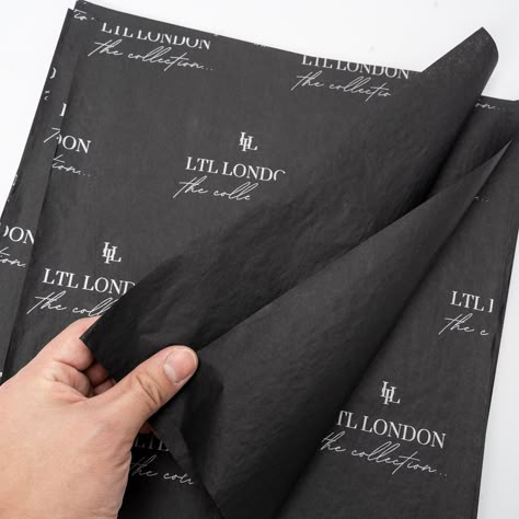 "1000pcs custom tissue paper, Custom Printed Tissue Wrapping Paper, Your Logo, Name and Message, Wrapping Paper Packaging This listing price is just for 10'' x 15'', one color logo print one side.(black tissue paper),17gsm paper **SIZE: Standard size 15'' x 20'', 20\"x 25\" & 20'' x 30'' Size can be custom.          **COLOR: White or black Also can be customized **MATERIAL: Raw wood pulp **THICKNESS: 17gsm paper, 27gsm **MOQ: 500pcs for white and black Before offer the price. Get the quote simpl Black And White Packaging Ideas, Tissue Paper Design Packaging, Tissue Paper Packaging Ideas, Tissue Paper Packaging, Tissue Packaging, Branded Tissue Paper, Wrapping Paper Packaging, Printed Tissue Paper, Packaging Logo