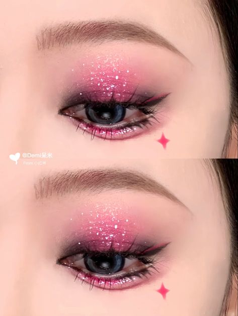 Make Up Barbie, Cute Pink Makeup, Black And Pink Makeup, Pink And Black Makeup, Pink Eyeshadow Korean, Pink Douyin Eyeshadow, Pink Goth Eye Makeup, Korean Pink Glitter Eye Makeup, Goth Pink Eyeshadow