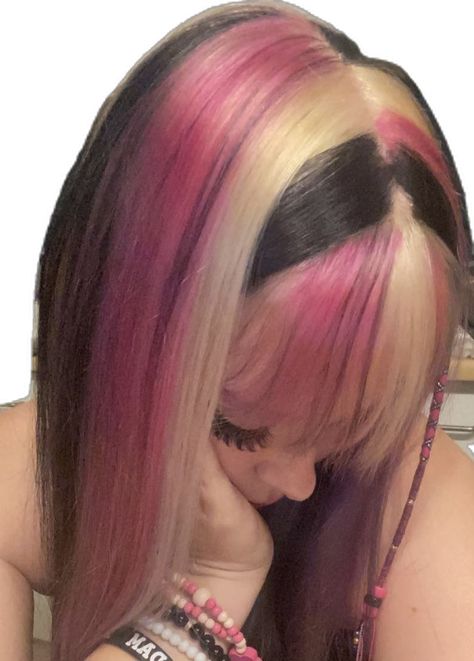 Pink Skunk Hair, Tri Color Hair, Hairstyles With Curled Hair, Intricate Hairstyles, Skunk Hair, Highlights Curly Hair, Chunky Highlights, Hair Streaks, Dyed Hair Inspiration