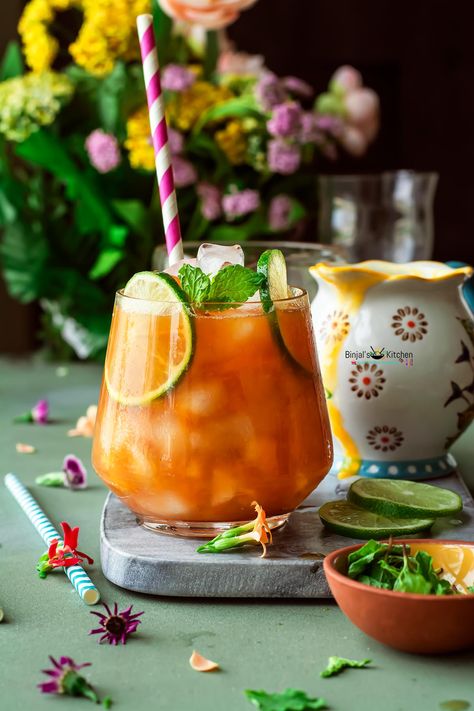 Mango Iced Tea - Binjal's VEG Kitchen Mango Iced Tea, Mango Tea, South Indian Breakfast, Mango Pulp, Used Tea Bags, Darjeeling Tea, Plating Ideas, Mango Puree, Indian Breakfast