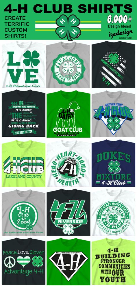 Custom 4-H shirts by IZA Design since 1987. Create custom 4H club and event shirts. Search our extensive collection of awesome 4-H club shirt designs. Perfect for 4-H team building events, 4-H goat clubs, and 4-H spirit shirts. IZA Design cool custom t-shirts for your 4-H club! 4h T Shirt Designs, 4 H Club Shirts Designs Ideas, 4h Shirt Designs, 4 H Shirts, 4-h Sayings, 4h Signs For Fair, National 4-h Week Ideas, 4 H Banner Ideas, 4 H Pen Decorations