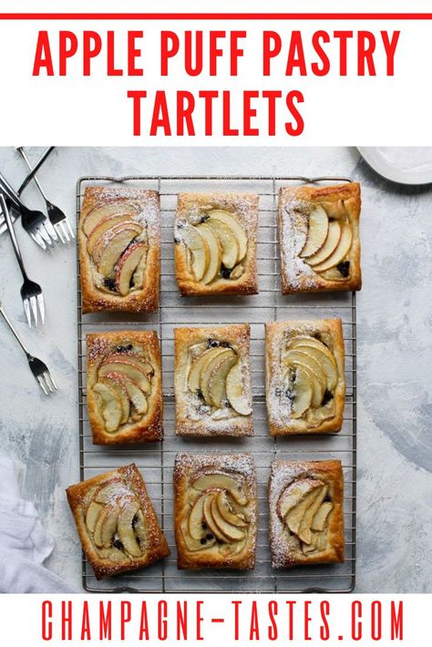 These Apple Puff Pastry Tartlets are made with Brie, dried currants, and a drizzle of honey for a quick and easy dessert! Puff Pastry Tartlets, Puff Pastry Apple Tart, Tart With Puff Pastry, Simple Apple Tart, Quick Apple Dessert, Puff Pastry Apple, Puff Dessert, Fast Easy Desserts, Apple Tarts