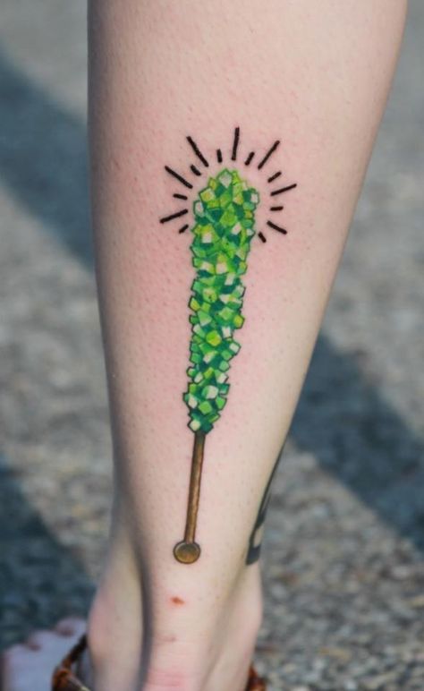 Rock candy Candyland Tattoo, Candy Tattoo Ideas, Quill Tattoo, Portrait Tattoo Sleeve, Candy Tattoo, Stick Tattoo, Candy Stick, Bright Tattoos, Delicate Tattoo