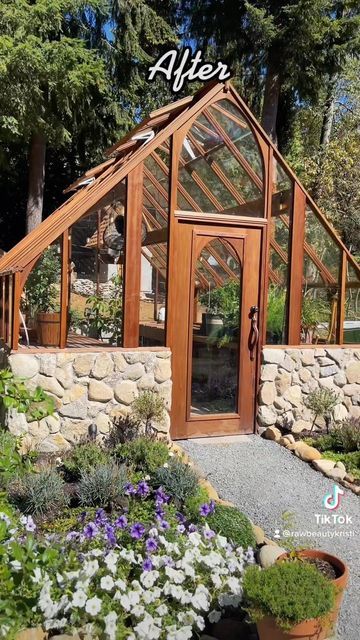 Hobbit Greenhouse, Front Yard Greenhouse, Mountain Greenhouse, Greenhouse With Fireplace, Tudor Greenhouse, Stone Greenhouse, Timber Frame Greenhouse, Goth Farmhouse, Wood Greenhouse