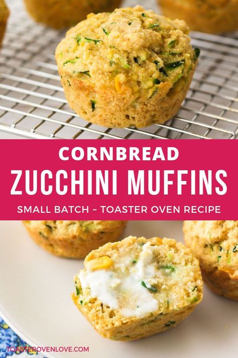 Cornbread Zucchini Muffins - Make just 6 moist and tender muffins with this easy small batch recipe. Perfect for a quick breakfast, snack or dunking in a bowl of chili. #zucchini #muffins #toasteroven #smallbatch #recipesfortwo Zucchini Cornbread Muffins, Zucchini Savoury Muffins, Savory Zucchini Muffins Recipes, Savory Zucchini Muffins, Morning Snacks, Zucchini Cornbread, Cornbread Muffin, Bowl Of Chili, Cornmeal Muffins