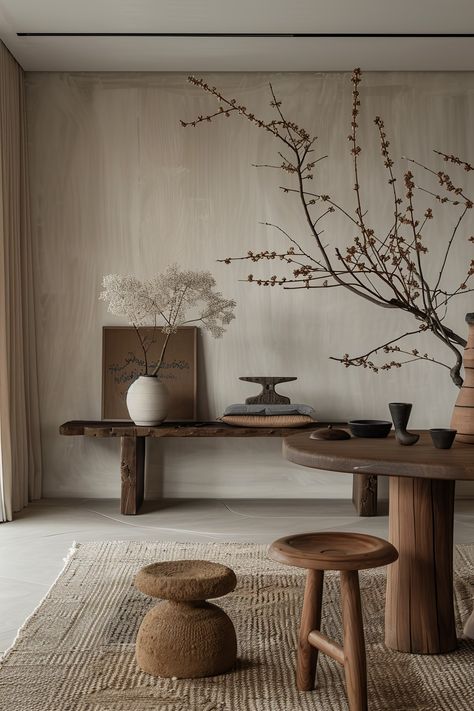 Tips on creating a cozy Japandi dining space. Learn how to choose a dining table and accompanying elements that invite warmth and relaxation into your mealtime routines. 🍽️🌿 Japandi Christmas Decor, Japandi Christmas, Japandi Dining Table, Japandi Table, Cozy Japandi, Japandi Dining, Japandi Interiors, Minimalist Chair, Japandi Decor