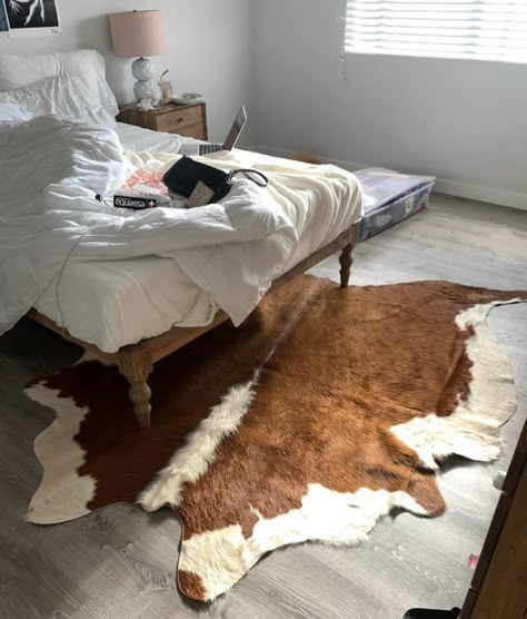 Cowhide Decor Bedroom, Cow Skin Rug Bedroom, Cowprint Rug Bedroom, Cowskin Rug, Animal Rug Bedroom, Cowskin Rug Bedroom, Cowhide Rug Aesthetic, Cow Carpet Living Room, Cow Carpet Bedroom