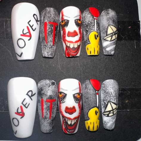 It inspired press on nails! Custom made to order. It The Clown Nails, Phoenix Suns Nails, It Nail Designs, It Themed Nails, Pinhead Nails, Pennywise Nails Designs, It Clown Nails, Alice In Wonderland Nails Simple, Penny Wise Nails