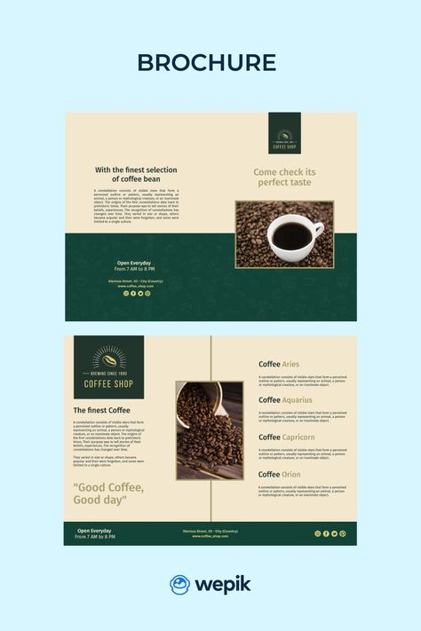 Share the best coffee selection with this brochure template. Sign up on Wepik to customize and download your design for free. Join us to start now! Brosure Design Ideas, Brosur Design Promotion, Coffee Shop Brochure, Cafe Brochure, Coffee Brochure, Green Coffee Shop, One Pager Design, Brochure Sample, Simple Cafe