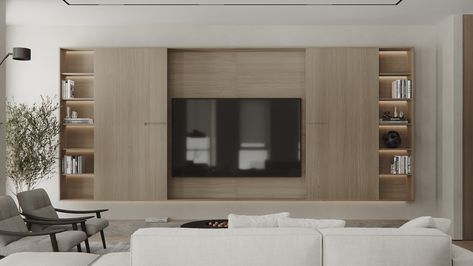 - CGI Apartment in St. Petersburg - on Behance Hidden Tv Cabinet, Estilo Japandi, Tv Console Cabinet, Wood Tv Unit, Hidden Tv, Condo Design, Tv In Bedroom, Living Room Tv Wall, Furniture Layout