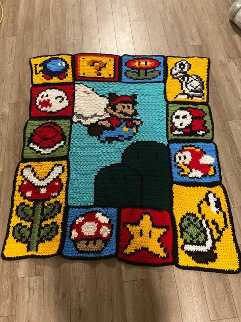 8 Bit Crochet Pattern, Mario Tapestry Crochet, Mario Granny Square Blanket, Mario Granny Square, Crochet Mario Blanket, Mario 8 Bit, 8 Bit Crochet, Super Mario Crochet, Tapestry Crochet Blanket