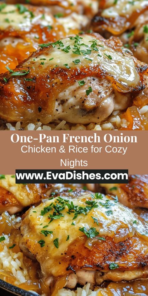 Discover the comforting flavors of Savory French Onion Chicken & Rice, a delightful one-pan dish that brings classic French cuisine to your table. This recipe features tender chicken thighs, caramelized onions, and fluffy rice, all enhanced by a gooey layer of melted cheese. Perfect for busy weeknights, it's easy to prepare and promises to satisfy even the pickiest eaters. Learn how to make this delicious meal and experience a taste of France in your own kitchen! French Onion Chicken And Rice Bake, French Onion Chicken, Fluffy Rice, Onion Chicken, Large Oven, Chicken Rice, French Onion, Tender Chicken, Picky Eaters