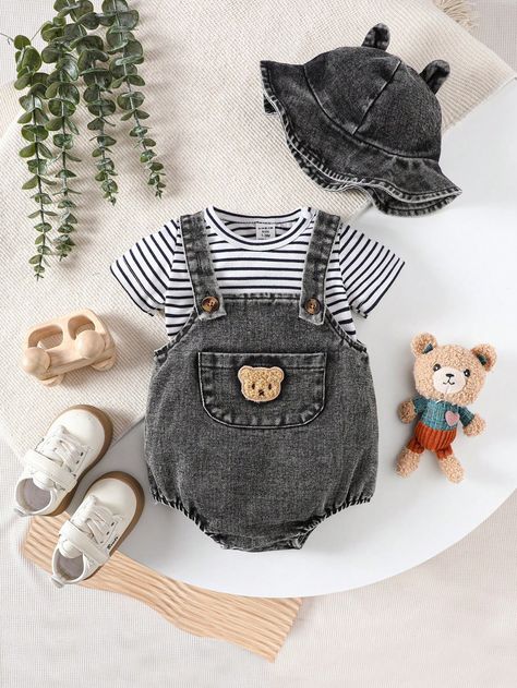 Black  Collar   Animal,Cartoon,Striped  Embellished Non-Stretch  Newborn Baby Clothing Newborn Boy Outfits Summer, Newborn Boy Outfits Coming Home, Cute Baby Outfits For Boys, Boy Baby Outfits, Newborn Baby Boy Clothes Summer, Baby Boy Fits, Baby Boy Outfits Stylish, Baby Boy Things, Cute Baby Clothes For Boys