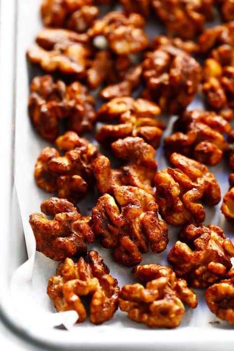 The BEST candied walnuts recipe -- lightly sweetened with a brown sugar cinnamon coating, easy to make in the oven, and irresistibly delicious. These candied nuts are perfect for adding to salads, sweet potatoes, trail mix, or popping plain as a snack! | gimmesomeoven.com #candied #walnuts #nuts #dessert #holiday #gift #diy Nuts Dessert, Candied Walnuts Recipe, Candied Walnuts For Salad, Candied Nuts Recipe, Candied Walnut Recipe, Dessert Holiday, Glazed Walnuts, Walnuts Recipe, Walnut Recipes